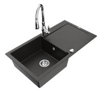 Mexen Leo fregadero de granito de 1 cubeta con escurridor y grifo de cocina Savita, negro/dorado metálico - 6501-75-672601-00 16521 5905315032430