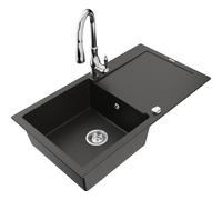 Mexen Leo fregadero de granito de 1 cubeta con escurridor y grifo de cocina Savita, negro/metalizado dorado - 6501-75-672601-00 16521 5905315032430