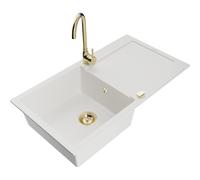 Mexen Leo fregadero de granito de 1 cubeta con escurridor y grifo de cocina Telma, blanco - 6501-20-670200-50 6134 5907709188976