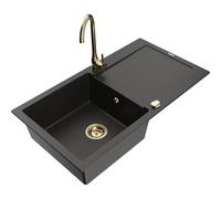 Mexen Leo fregadero de granito de 1 cubeta con escurridor y grifo de cocina Telma, negro/oro metálico - 6501-75-670200-50 6140 5907709189034