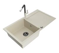 Mexen Leo fregadero de granito de 1 cuenca con escurridor y grifo de cocina Flora, beige - 6501-69-670401-07-B 19586 5905315056054