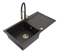 Mexen Leo fregadero de granito de 1 seno con escurridor y grifo de cocina Aster, negro/dorado metálico - 6501-75-73450-57-G 18542 5905315042781