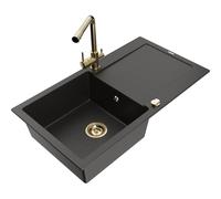 Mexen Leo fregadero de granito de 1 seno con escurridor y grifo de cocina Duero, negro/oro metálico - 6501-75-671600-50 16637 5905315022196