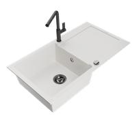 Mexen Leo fregadero de granito de 1 seno con escurridor y grifo de cocina Flora, blanco - 6501-20-670401-70-B 19583 5905315056023