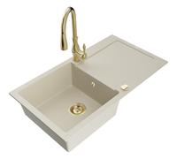 Mexen Leo fregadero de granito de 1 seno con escurridor y grifo de cocina Savita, beige - 6501-69-672601-50 16495 5905315032324