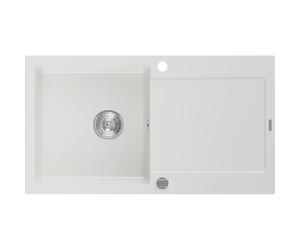 Mexen Leo fregadero de granito de 1 tazón con escurridor 900 x 500 mm, blanco, sifón cromado - 6501901010-20 3529 5907709193673