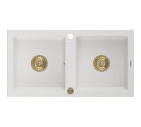 Mexen Mario fregadero de granito de 2 compartimentos 820 x 436 mm, blanco, sifón dorado - 6504822000-20-G 16145 5905315011558