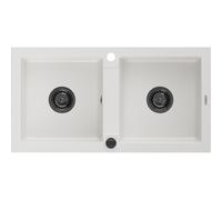 Mexen Mario fregadero de granito de 2 compartimentos 820 x 436 mm, blanco, sifón negro - 6504822000-20-B 16296 5905315012746