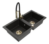 Mexen Mario fregadero de granito de 2 compartimentos con grifo de cocina Aster, negro/oro metálico - 6504-75-73450-57-G 18973 5905315044044