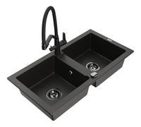 Mexen Mario fregadero de granito de 2 compartimentos con grifo de cocina Duo, negro/metal dorado - 6504-75-671701-70-B 22617 5905315047311