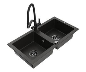 Mexen Mario fregadero de granito de 2 compartimentos con grifo de cocina Duo, negro/metal dorado - 6504-75-671701-70-B 22617 5905315047311