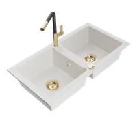 Mexen Mario fregadero de granito de 2 compartimentos con grifo de cocina Flora, blanco - 6504-20-670401-57-G 20066 5905315057501