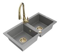 Mexen Mario fregadero de granito de 2 compartimentos con grifo de cocina Savita, gris - 6504-71-672601-50 16986 5905315033307