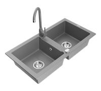Mexen Mario fregadero de granito de 2 cubetas con grifo de cocina Telma, gris - 6504-71-670200-71 6182 5907709189454