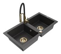 Mexen Mario fregadero de granito de 2 senos con grifo de cocina Aster, negro moteado - 6504-76-73450-57-G 18978 5905315044105