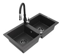 Mexen Mario fregadero de granito de 2 senos con grifo de cocina Savita, negro moteado - 6504-76-672601-70-B 17061 5905315033468