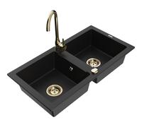 Mexen Mario fregadero de granito de 2 senos con grifo de cocina Telma, negro - 6504-77-670200-50 6190 5907709189539