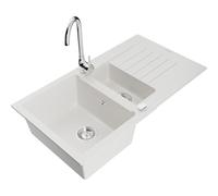 Mexen Matias fregadero de cocina de granito 1,5 senos con escurridor y grifo Telma, blanco - 6502-20-670200-00 6147 5907709189102