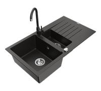 Mexen Matias fregadero de granito 1,5 cámaras con escurridor y grifo de cocina Telma, negro/dorado - 6502-75-670200-70 6156 5907709189195