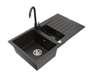 Mexen Matias fregadero de granito 1,5 cámaras con escurridor y grifo de cocina Telma, negro/dorado - 6502-75-670200-70 6156 5907709189195