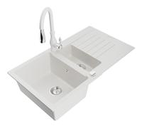 Mexen Matias fregadero de granito 1,5 cubetas con escurridor y grifo de cocina Savita, blanco - 6502-20-672601-20 16581 5905315032591