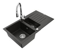 Mexen Matias fregadero de granito 1,5 cubetas con escurridor y grifo de cocina Savita, negro/dorado - 6502-75-672601-00 16656 5905315032768