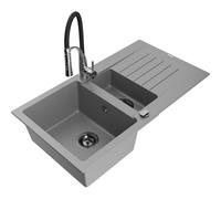Mexen Matias fregadero de granito 1,5 cuencos con escurridor y grifo de cocina Aster, gris - 6502-71-73450-07-B 18631 5905315043078
