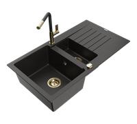 Mexen Matias fregadero de granito 1,5-foso con escurridor y grifo de cocina Flora, negro/dorado - 6502-75-670401-57-G 19804 5905315056764