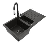 Mexen Matias fregadero de granito 1,5 senos con escurridor y grifo de cocina Savita, negro/oro - 6502-75-672601-70-B 16667 5905315032799
