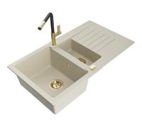 Mexen Matias fregadero de granito de 1,5 compartimentos con escurridor y grifo de cocina Flora, beige - 6502-69-670401-57-G 19785 5905315056573