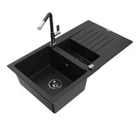 Mexen Matias fregadero de granito de 1,5 compartimentos con escurridor y grifo de cocina Flora, negro - 6502-77-670401-07-B 19819 5905315056917