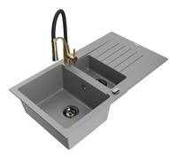 Mexen Matias fregadero de granito de 1,5 cubetas con escurridor y grifo de cocina Aster, gris - 6502-71-73450-57-B 18633 5905315043092