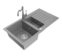 Mexen Matias fregadero de granito de 1,5 cubetas con escurridor y grifo de cocina Carla, gris - 6502-71-670700-71 16498 5905315037824
