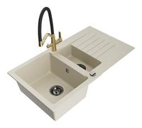 Mexen Matias fregadero de granito de 1,5 cubetas con escurridor y grifo de cocina Duo, beige - 6502-69-671701-57-B 20243 5905315049759