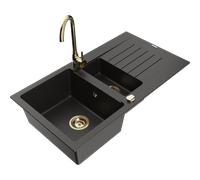 Mexen Matias fregadero de granito de 1,5 cubetas con escurridor y grifo de cocina Telma, negro/dorado - 6502-75-670200-50 6155 5907709189188