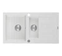 Mexen Matias fregadero de granito de 1,5 senos con escurridor 900 x 505 mm, blanco, sifón cromado - 6502901505-20 3544 5907709193758