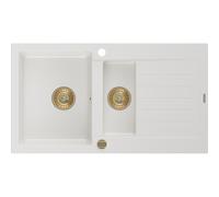 Mexen Matias fregadero de granito de 1,5 senos con escurridor 900 x 505 mm, blanco, sifón dorado - 6502901505-20-G 16131 5905315011411