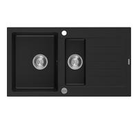 Mexen Matias fregadero de granito de 1,5 senos con escurridor 900 x 505 mm, negro, sifón cromado - 6502901505-77 3553 5907709193826