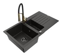 Mexen Matias fregadero de granito de 1,5 senos con escurridor y grifo de cocina Aster, negro/dorado metálico 18902 5905315043214