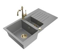 Mexen Matias fregadero de granito de 1,5 senos con escurridor y grifo de cocina Carla, gris - 6502-71-670700-50 16494 5905315037794