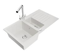 Mexen Matias fregadero de granito de 1,5 senos con escurridor y grifo de cocina Duero, blanco - 6502-20-671600-00 16678 5905315022332