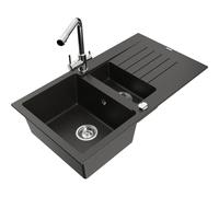 Mexen Matias fregadero de granito de 1,5 senos con escurridor y grifo de cocina Duero, negro/dorado metálico 16879 5905315022516