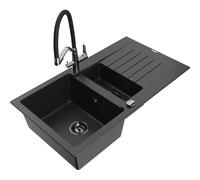 Mexen Matias fregadero de granito de 1,5 senos con escurridor y grifo de cocina Duo, negro/plateado - 6502-73-671701-07-B 22536 5905315049858