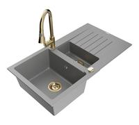 Mexen Matias fregadero de granito de 1,5 senos con escurridor y grifo de cocina Elia, gris - 6502-71-670101-50 19496 5905315027535