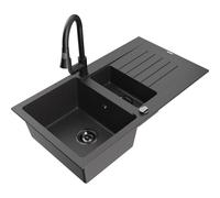 Mexen Matias fregadero de granito de 1,5 senos con escurridor y grifo de cocina Elia, negro moteado - 6502-76-670101-70-B 19512 5905315027696