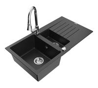 Mexen Matias fregadero de granito de 1,5 senos con escurridor y grifo de cocina Elia, negro/plateado metálico 19500 5905315027573