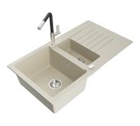 Mexen Matias fregadero de granito de 1,5 senos con escurridor y grifo de cocina Flora, beige - 6502-69-670401-07 19782 5905315056542