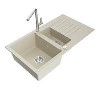 Mexen Matias fregadero de granito de 1,5 senos con escurridor y grifo de cocina Flora, beige - 6502-69-670401-00 19781 5905315056535