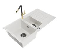 Mexen Matias fregadero de granito de 1,5 senos con escurridor y grifo de cocina Flora, blanco - 6502-20-670401-57-B 19779 5905315056511