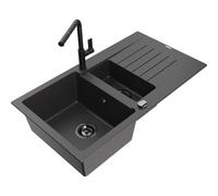Mexen Matias fregadero de granito de 1,5 senos con escurridor y grifo de cocina Flora, negro moteado - 6502-76-670401-70-B 19814 5905315056863